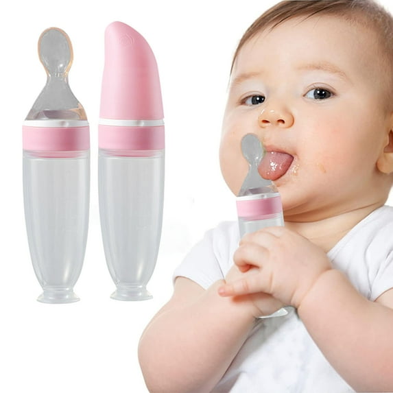 Clearance Tableware Feeding Baby Spoon Food Grade Liquid Silica Gel Suction Cup Extrusion Type Rice Paste Spoon Baby Cutlery Rice Paste Bottle Clear2