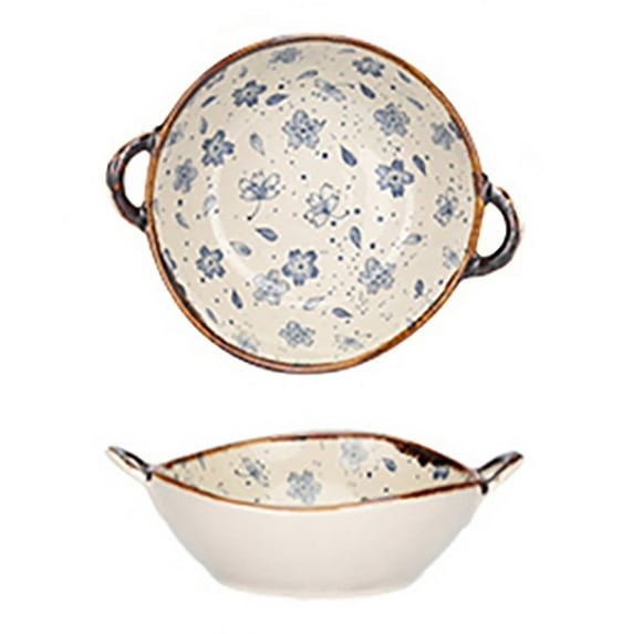 Clearance Tableware Pasta Bowl Dinnerware for Kitchen with Double Handles Rustic Porcelain Pasta Bowl Japanese for Cereal Pasta Ramen Salad and Soup Underglaze Print