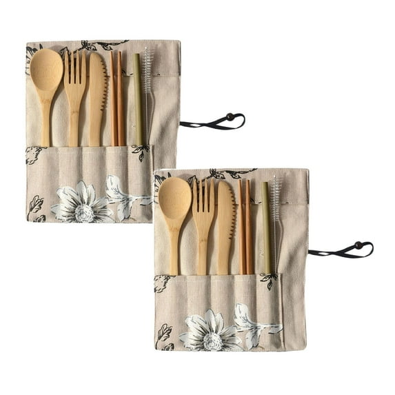 Clearance Tableware under $15 Portable Bamboo Cutlery Travel Eco-friendly Fork Spoon Set Include Reusable Bamb