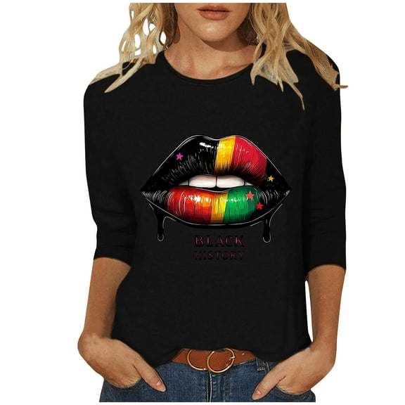 Tbopshirt Black History T-Shirt for Women,Summer Graphic Tees Plus Size Tops,Women Fashion Casual Crewneck 3/4 Sleeve Loose T Shirt Ladies Blouses Shirts,S-XXXXXL,Black History Month Gifts