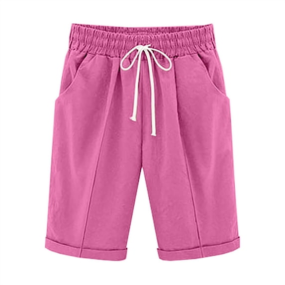 Iyufng Summer Shorts for Women Knee Length Plus Size Summer Casual Beach Elastic Waist Drawstring Comfy Trendy Shorts,Solid Color Fashionable Temperament Five Part Pants,S-2XL