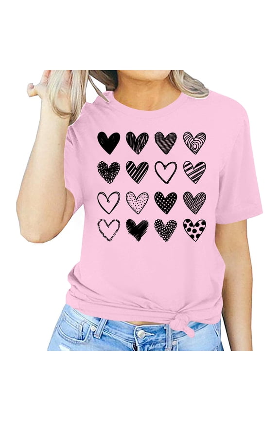 Valentine's Day T-Shirts for Women Tees,Plus Size Womens Tops,Women Valentines Day Short Sleeve Heart Printed T-Shirt Novelty Graphic S-XXXL
