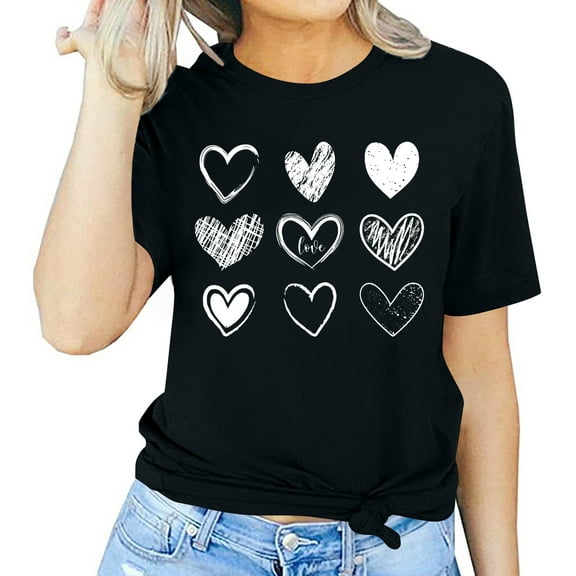 Tbopshirt Valentine's Day T-Shirts for Women Tees,Plus Size Womens Tops,Women Valentines Day Short Sleeve Heart Printed T-Shirt Novelty Graphic S-XXXL