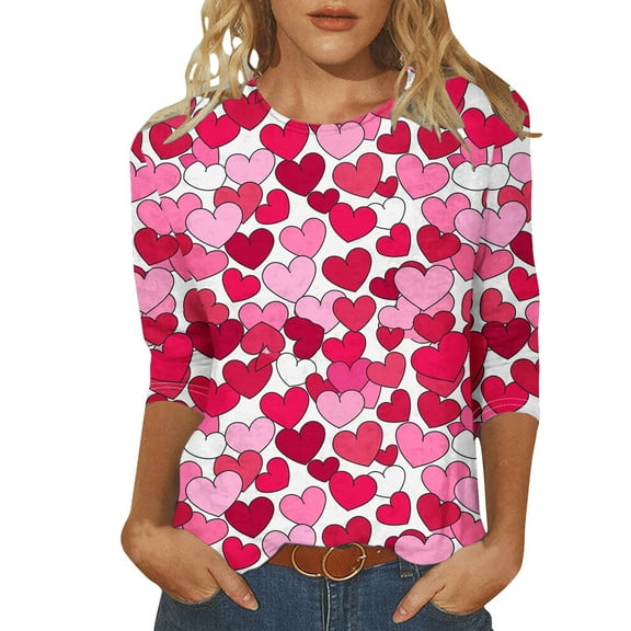 Tbopshirt Valentine's Day T-Shirts for Women 3/4 Sleeve Casual Crewneck Loose Graphic Tees Summer Plus Size Tops,S-XXXXXL
