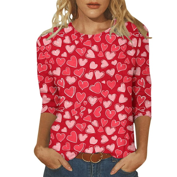 Tbopshirt Valentine's Day T-Shirts for Women 3/4 Sleeve Casual Crewneck Loose Graphic Tees Summer Plus Size Tops,S-XXXXXL