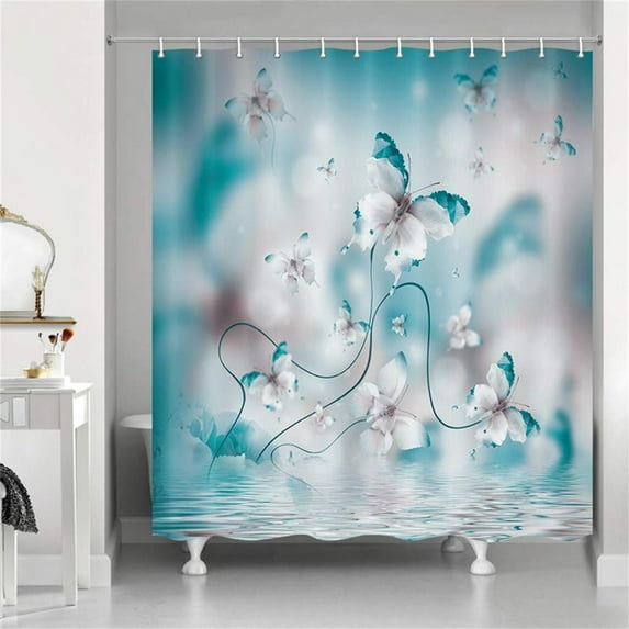 Teal Butterfly Shower Curtain Butterfly in Spring with Flowers Fabric Shower Curtain Blue Floral Flower Polyester Fabric Bathroom Curtains 12 Hooks Included