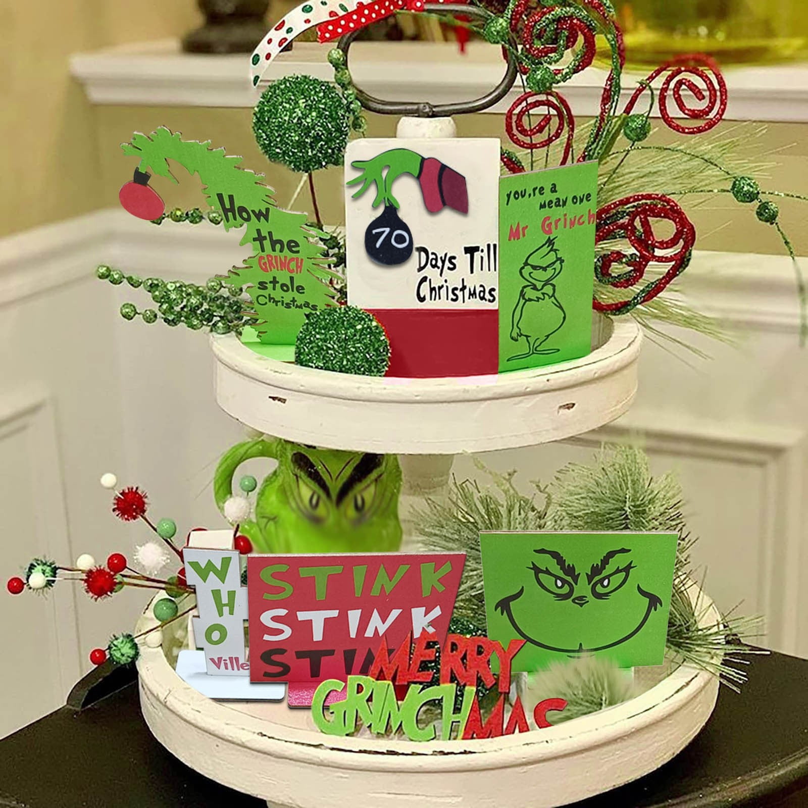 Clearance Tiered Tray Decor, Farmhouse Tiered Tray Decor, Christmas Tiered Tray Decoration, Green Christmas Tree Wooden Signs Decorations, Tray Not Include