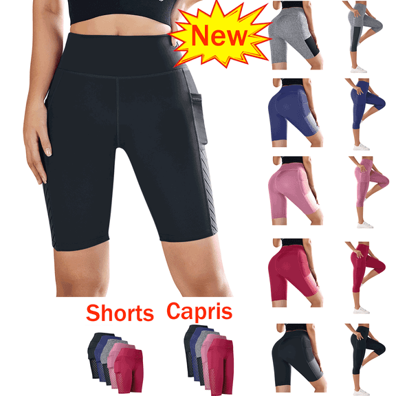 Clearance! Titcea Biker Shorts Women, Solid Color High Waisted Hip Lifting Yoga Shorts with Side Pockets, Stretch Slim Running Workout Gym Shorts
