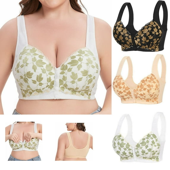 Titcea Bras for Women Plus Size Front Buttons Floral Print Push Up Gathered Together Lace Bra No Underwire Breathable Comfort Underwear, Gifts for Her