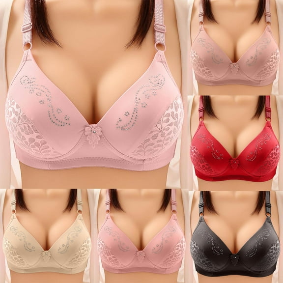 Titcea Bras for Women Plus Size Lace Rhinestone No Underwire Gathered Together Bra Breathable Comfortable Underwear, Gifts for Her