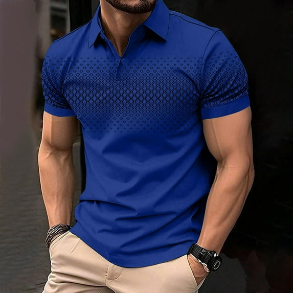 Titcea Golf Shirts for Men Gradient Print Zipper Lapel Short Sleeve Shirts Summer Gyms Exercise Running T-shirt Hawaiian Beach Vacation Casual Tops(S-3XL)