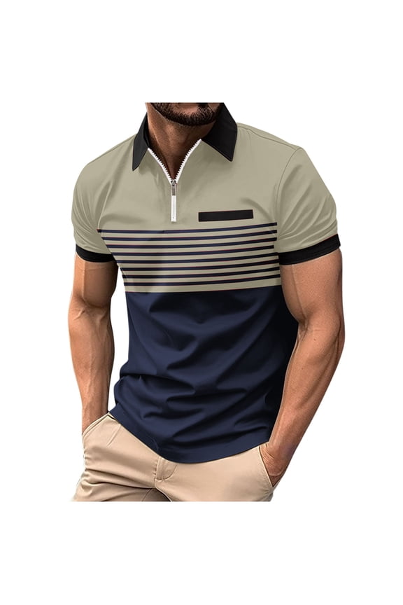 Golf Shirts for Men Patchwork Striped Print Zipper Lapel Short Sleeve Shirts Summer Gyms Exercise Running T-shirt Hawaiian Beach Vacation Casual Tops(S-3XL)