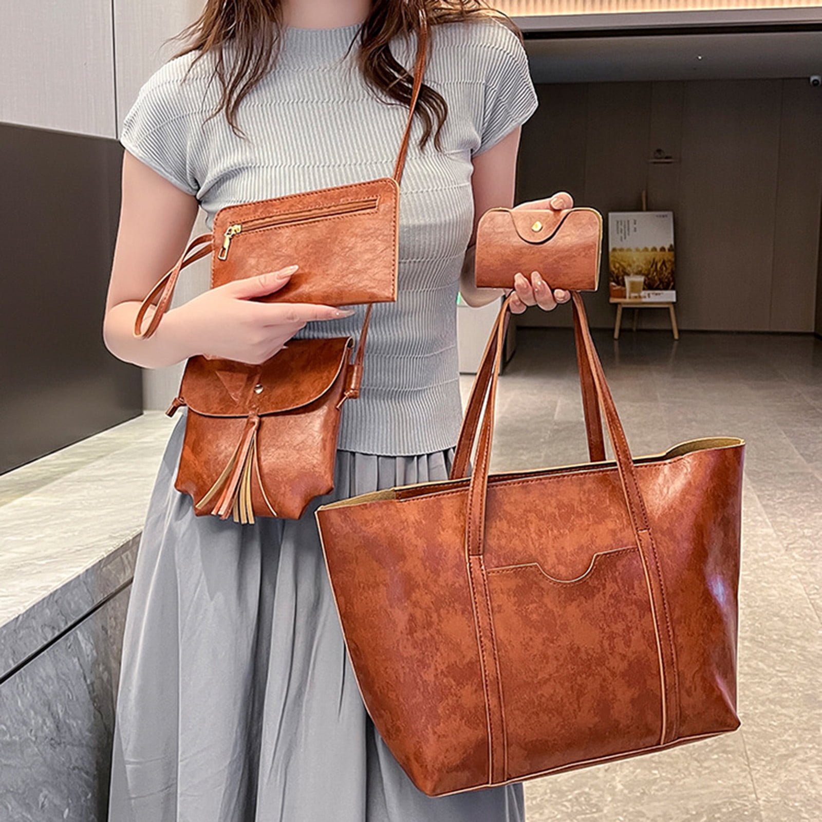 Clearance! Titcea Handbags for Women, Retro Leather Satchel, Tote Bag & Shoulder Bag & Purse & Card Bag Set 4pcs, Gifts for Mom/Her