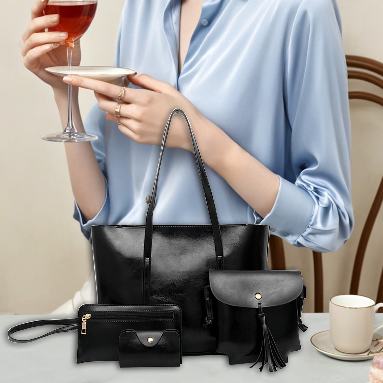 Clearance! Titcea Handbags for Women, Retro Leather Satchel, Tote Bag & Shoulder Bag & Purse & Card Bag Set 4pcs, Gifts for Mom/Her
