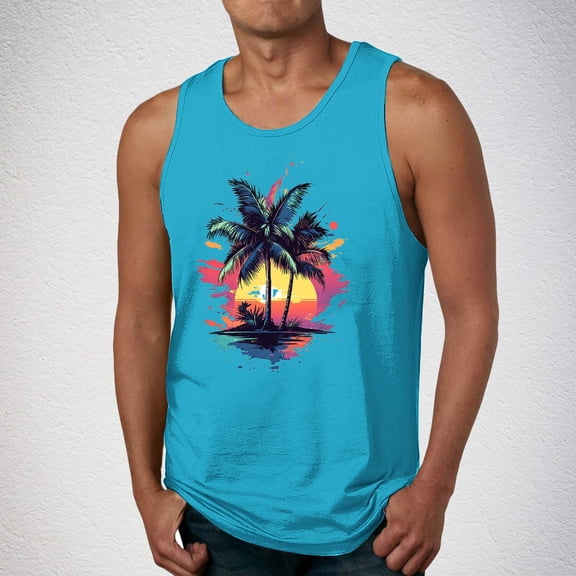 Titcea Hawaiian Tank Tops Men Palm Tree Print Crew Neck Sleeveless Cotton Workout Shirts Outdoor Fitness Beach Vacation T-shirt Loose Breathable Home Wear