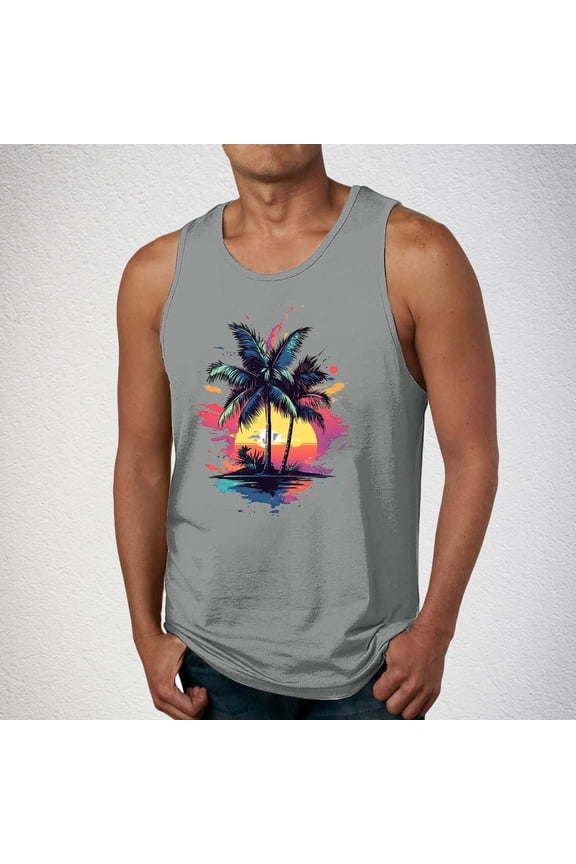 Hawaiian Tank Tops Men Palm Tree Print Crew Neck Sleeveless Cotton Workout Shirts Outdoor Fitness Beach Vacation T-shirt Loose Breathable Home Wear