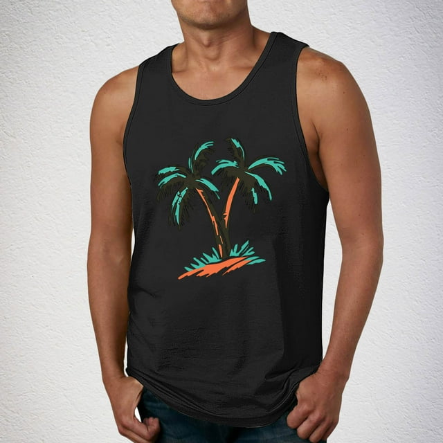 Clearance! Titcea Hawaiian Tank Tops Men Palm Tree Print Crew Neck Sleeveless Cotton Workout Shirts Outdoor Fitness Beach Vacation T-shirt Loose Breathable Home Wear