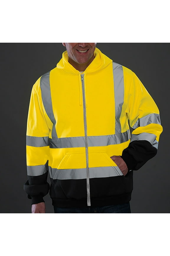 High Visibility Hoodie for Men, Class 3 Reflective Zipper Drawstring Hoodies High Vis Safe Work Sweatshirt Jacket with Pockets