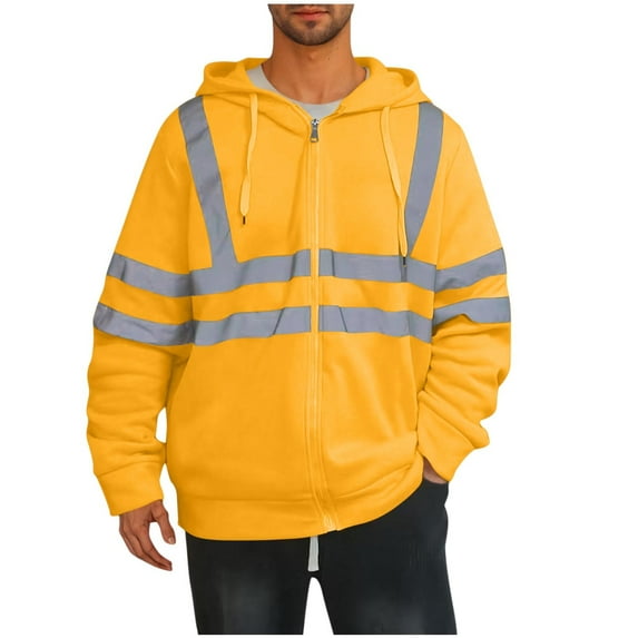 Titcea High Visibility Hoodie for Men, Class 3 Reflective Zipper Drawstring Hoodies High Vis Safe Work Sweatshirt Jacket with Pockets