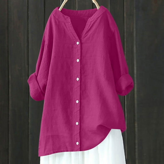Titcea Linen Shirts for Women(S-5XL) Long Sleeve V-Neck Solid Color Buttons Shirts Loose Breathable Summer Casual Tops