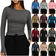 Titcea Long Sleeve Shirts for Women Solid Color Sexy Crew Neck Fitted Casual Tee Fall Fashion Slim Basic Tops