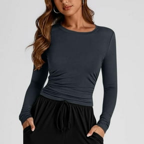 Titcea Long Sleeve Shirts for Women Solid Color Sexy Crew Neck Fitted Casual Tee Fall Fashion Slim Basic Tops