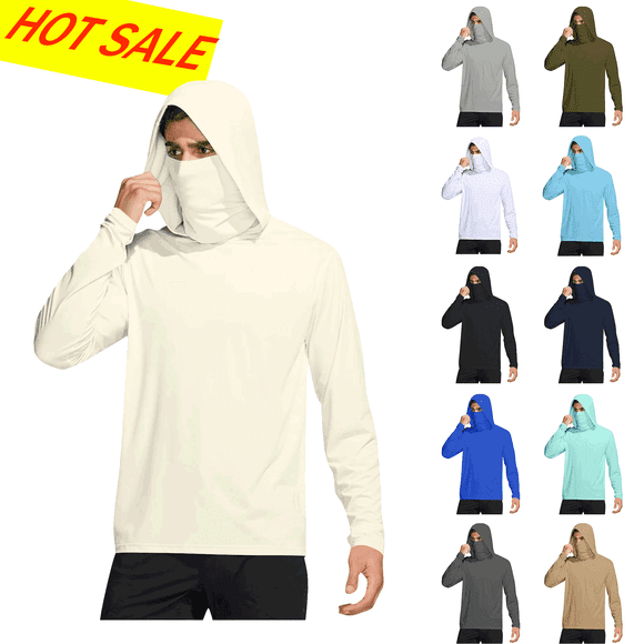 Titcea Mens Fishing Shirts, UPF 50+ Long Sleeve Sun Protection Hoodies with Face Mask Lightweight Outdoor Athletic Sun Shirt