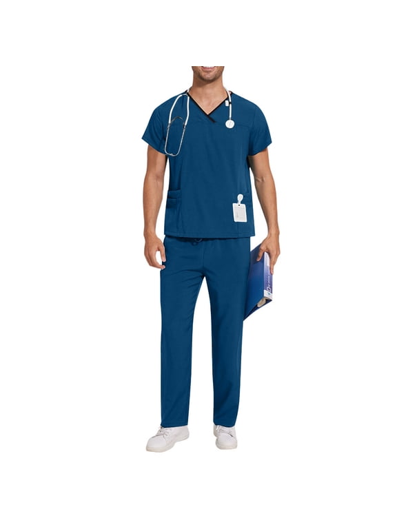 Mens Scrub Set — Stretch V-Neck Scrub Tops & Elastic Waistband Pants, Nurse Workwear with 10 Pockets, Unwrinkled Scrubs for Men, Available in 10 Colors