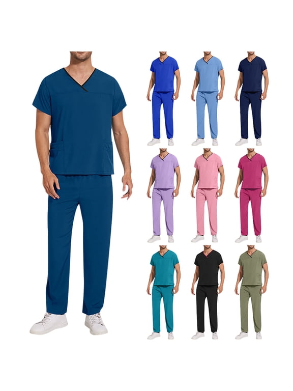 Mens Scrub Set — Stretch V-Neck Scrub Tops & Elastic Waistband Pants, Nurse Workwear with 10 Pockets, Unwrinkled Scrubs for Men, Available in 10 Colors