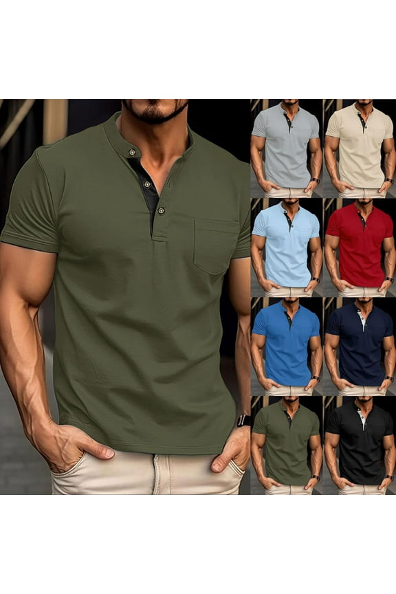 Mens Shirts Solid Color Stand Collar Buttons Shirt with Pockets Loose Comfortable Outdoor Workout Casual T-shirts(S-3XL)for Summer Vacation
