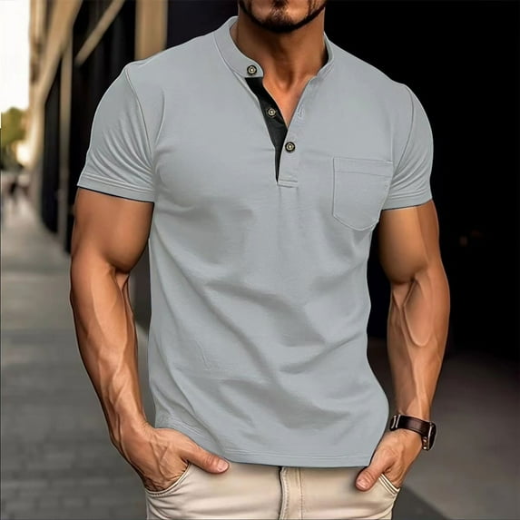 Titcea Mens Shirts Solid Color Stand Collar Buttons Shirt with Pockets Loose Comfortable Outdoor Workout Casual T-shirts(S-3XL)for Summer Vacation