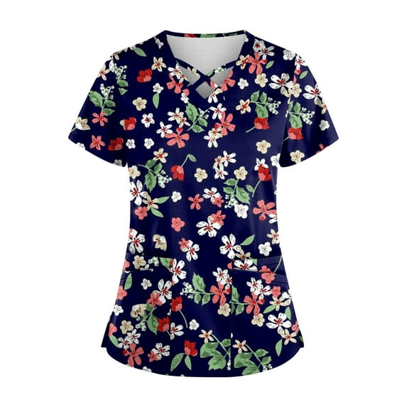 Titcea Nursing Scrub Tops Women, Mother's Day Floral Print Working Uniform Short Sleeve V Neck Workwear Blouse T-shirt with Pockets