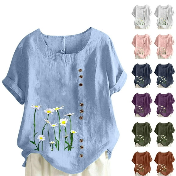Titcea Plus Size Tops for Women Cotton Linen Buttons Cute Floral Print T Shirts Loose Comfort Lightweight Casual Shirt for Vacation