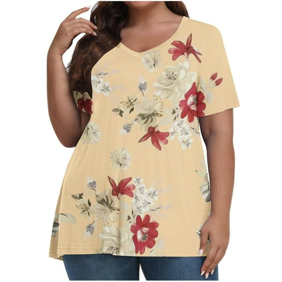 Titcea Plus Size Tops for Women Floral Print V Neck Short Sleeve Oversized T Shirts Loose Comfort Casual Holiday Shirt