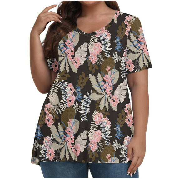 Titcea Plus Size Tops for Women Floral Print V Neck Short Sleeve Oversized T Shirts Loose Comfort Casual Holiday Shirt