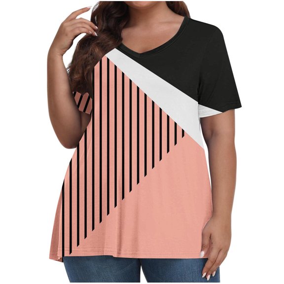 Titcea Plus Size Tops for Women Patchwork Stripe Print V Neck Short Sleeve Oversized T Shirts Loose Comfort Casual Holiday Shirt