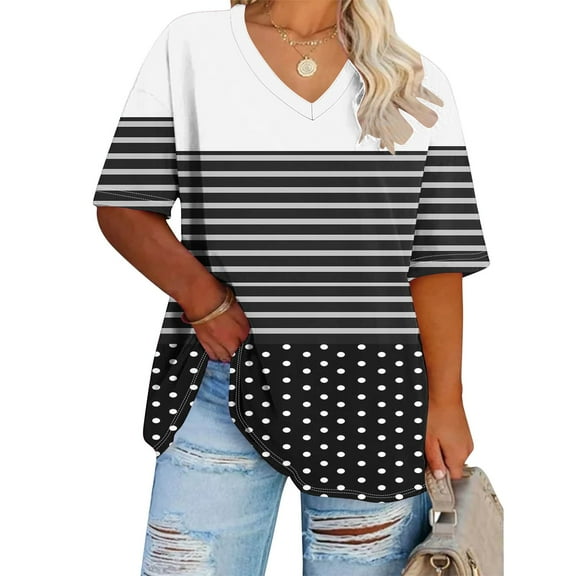 Titcea Plus Size Tops for Women Stripe Patchwork Print V Neck Short Sleeve Oversized T Shirts Loose Breathable Casual Holiday Shirt