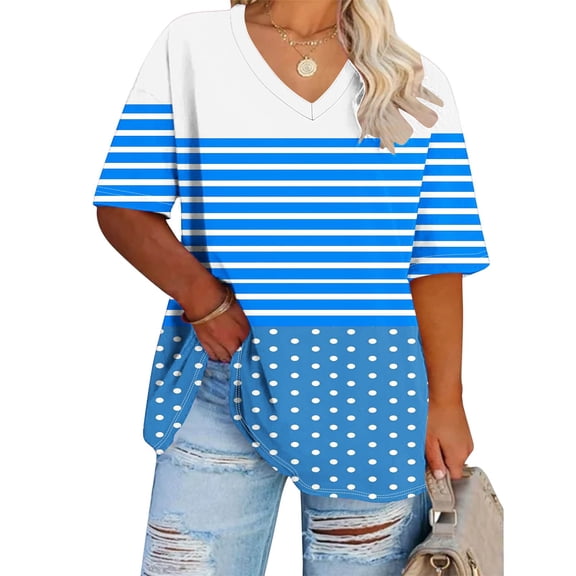 Titcea Plus Size Tops for Women Stripe Patchwork Print V Neck Short Sleeve Oversized T Shirts Loose Breathable Casual Holiday Shirt