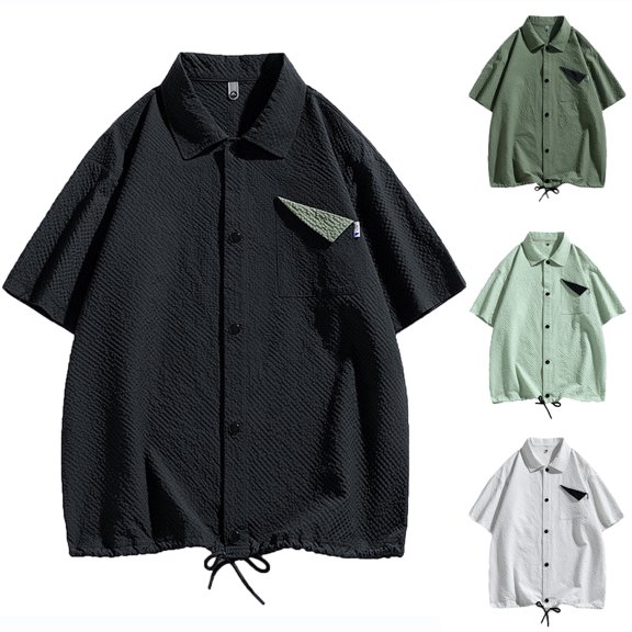 Titcea Shirts for Men Short Sleeve Lapel Patchwork Color Casual Shirt with Stylish Drawstring Lightweight Breathable Shirts for Summer Vacation, Loose(M-6XL)