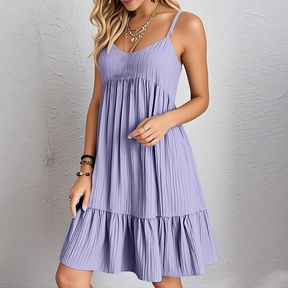 Titcea Summer Dresses for Women 2026, Solid Color Ruffled Hem Sleeveless V-Neck Midi Dresses, Hawaiian Vacation Summer Casual Flowy Beach Dresses, Gifts for Mom/Her