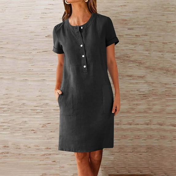 Titcea Summer Dresses for Women 2026, Solid Color Short Sleeve Buttons Crew Neck Midi Dresses with Pockets, Hawaiian Beach Vacation Summer Casual Flowy Sundresses