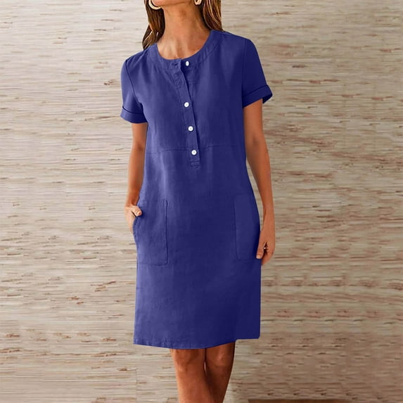 Titcea Summer Dresses for Women 2026, Solid Color Short Sleeve Buttons Crew Neck Midi Dresses with Pockets, Hawaiian Beach Vacation Summer Casual Flowy Sundresses