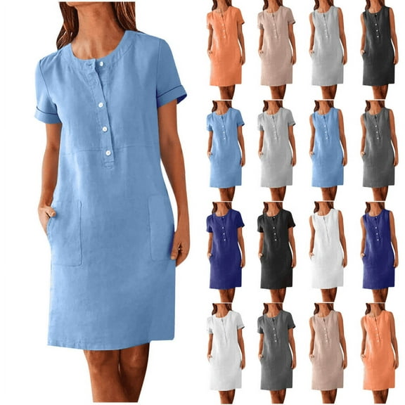 Titcea Summer Dresses for Women 2026, Solid Color Short Sleeve Buttons Crew Neck Midi Dresses with Pockets, Hawaiian Beach Vacation Summer Casual Flowy Sundresses