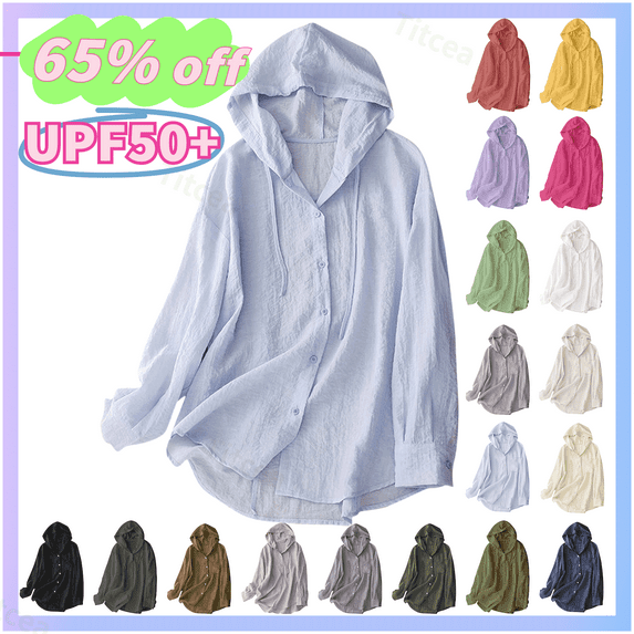 Titcea Sun Shirt Women, UPF 50 Long Sleeve Buttons Drawstring Sun Protection Shirts with Hood, Lightweight Breathable Summer Casual Hiking Shirts, Gifts for Mom/Her