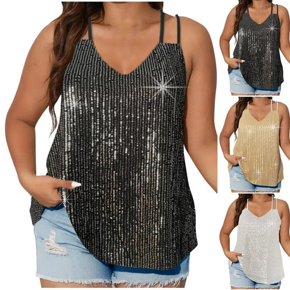 Titcea Tank Top for Women Plus Size V Neck Sequin Oversized Sleeveless Lightweight Tank Tops Loose Comfort Casual Daily Shirt