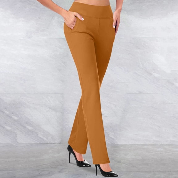 Titcea Women's Pants Elastic Waist Solid Color Business Casual Outfits Comfort Breathable Slim Flare Pants with Pockets