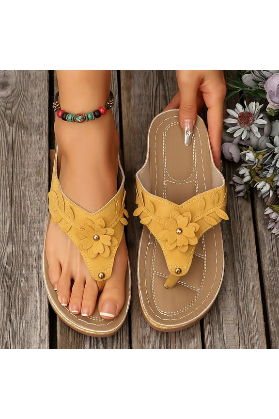 Clearance! Titcea Women's Sandals Wedge Arch Support Flip Flops, Flower Low Heel Slip-on Sandals, Summer Outdoor Casual Walking Beach Shoes Lightweight Breathable Wicking Slippers