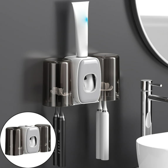 Clearance! Toothbrush Holders Wall Mounted Toothpaste Dispenser for Kids Hanging Adhesive Automatic Toothbrush Holders Bathroom Decor With Toothpaste Dispenser 2 Cups Grey