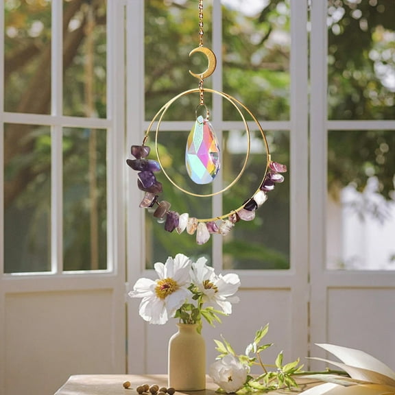 Clearance! Top Glass Double Rings Moon for Car Chandelier Garden Window Hanging Ornament Rainbow Maker Colorful Home Decor Housewarming Gifts 1X Crystal Pendant
