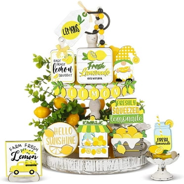 Clearance Tray Decoration under $10 Summer Lemon Tiered Tray Decor Set Farmhouse Summer Wood Sign Rustic Beach Tiered Tray Decorations for Home Kitchen Table Shelf Lemon